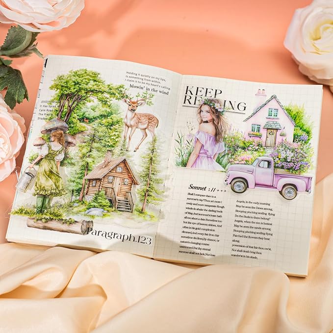 TIAMECH Romantic Trip to Garden PET Stickers - 120 Pcs Flower Pinking Dream Cherry Girls Design, Waterproof Sticker for Journaling & Scrapbooking, Junk Journal Supplies, Ephemera & DIY Crafts