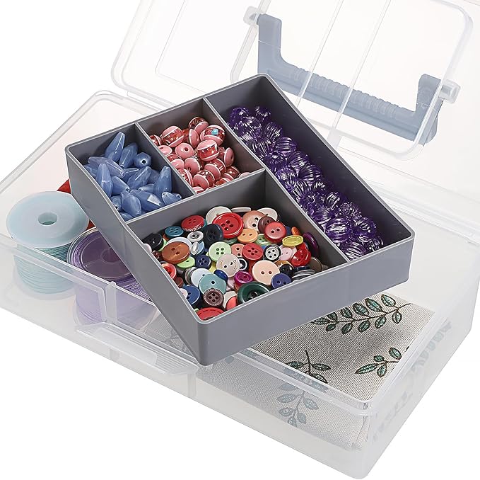 JUXYES 2 Pack Plastic Carry Storage Box with Removable Dividers, Clear Art Craft Supply Storage Bin Sewing Box with Handle Lid, 2 Layers Stationery Storage Case for School/Office Supplies Gray
