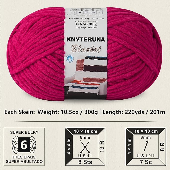 #6 Super Bulky Blanket Yarn for Crocheting - 4 Skeins(Each 10.5oz/300g, 220yds/201m), Chunky Chenille Thick Plush Big Soft Yarn for Crocheting Knitting Blankets, Cherry Red