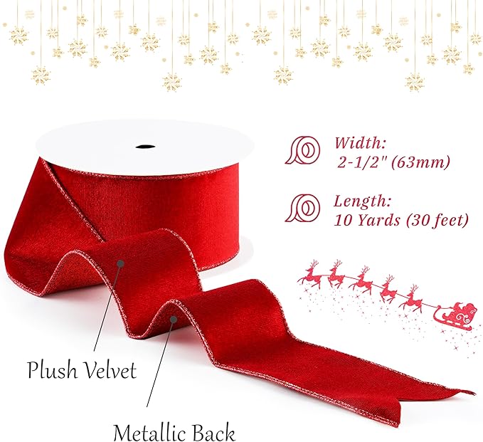 Red Velvet Wired Ribbon with Glitter Back 2.5 Inch Red Christmas Ribbon Wired Reversible Ribbon for Christmas Tree, Gift Wrapping, Mantel, Wreaths Supplies, Topper Bows (10 Yards)