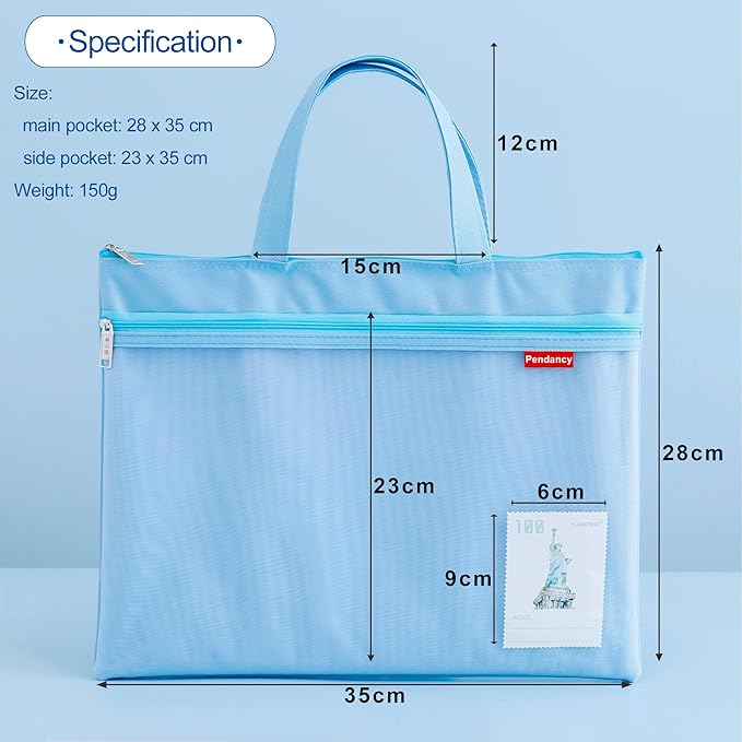 Pendancy Mesh Zipper Pouch 11x13.7 in, 2 pcs Large Double Pocket Waterproof File Bag with Handle, A4 Size Foldable Document Storage for Puzzle Project/Cross Stitch/Travel/Office（Blue Pink）