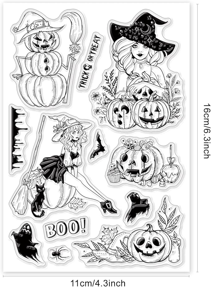 ORIGACH Halloween Pumpkin Witch Clear Stamps, Witch Trick or Treat Reusable Transparent Silicone Stamps for Halloween Card Making DIY Scrapbooking, 6.3x4.3inches