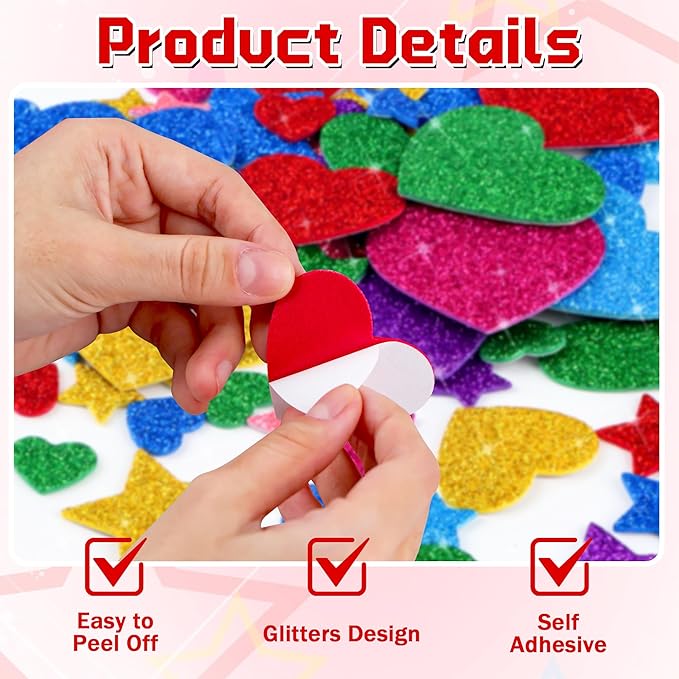 1000 Pcs Foam Stickers Glitter Shape Stickers Colorful Heart Stars Sticker Self Adhesive Geometric Sticker for Kids Crafts Supplies Preschool DIY Art Project Scrapbooking Home Decor(Heart & Star)