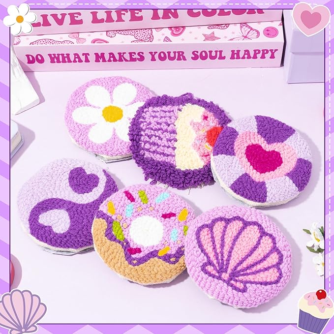 WATINC Christmas Punch Needle Coaster Kits - 23Pcs Easy Art Work Decor Craft Supply for Beginners, DIY Set of 6 Pattern Tufted Pads with Adhesive Felt Yarns Tools Instruction Customized Boxes (Purple)