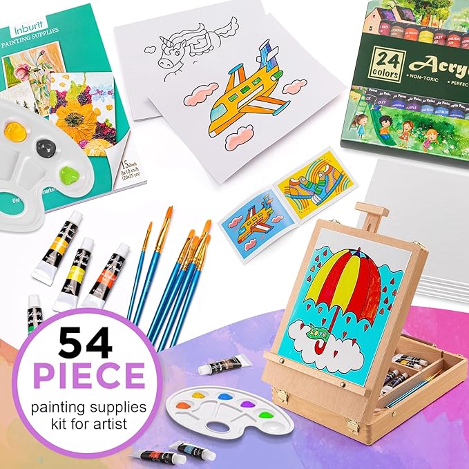 Inburit Art Paint Set with Wooden Easel Box, 24 Colors Acrylic Paints, 8 Paint Brushes, 6 Canvas Panel Deluxe Paining Supplies kit for Kids, Student, Adult & Artist