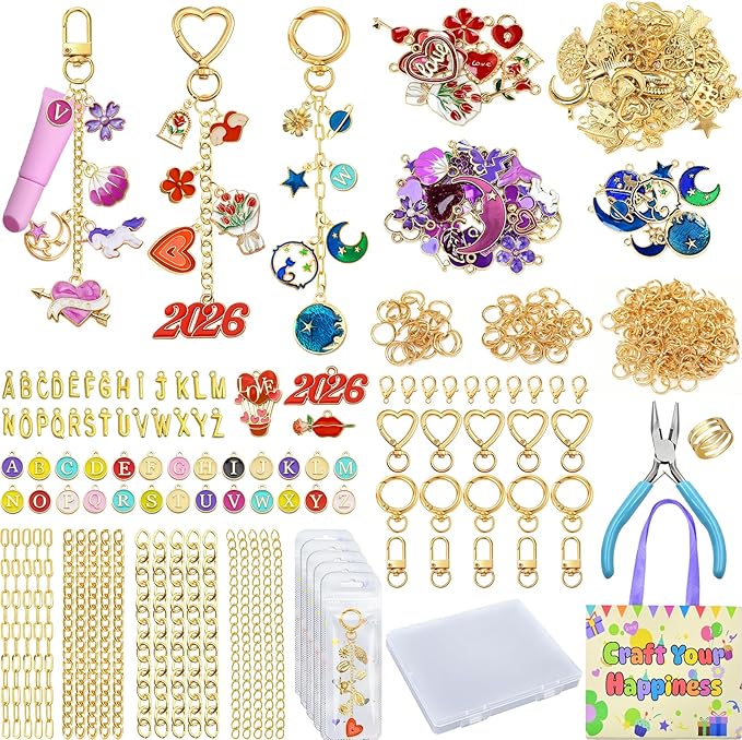 VvLons 375Pcs Lip Gloss Keychain Making Kit, Keychain Making Kit Including 153 Charms 15 Clips 20 Extender Chain, Jewelry Making Kit for Bags Keychains Christmas Gifts