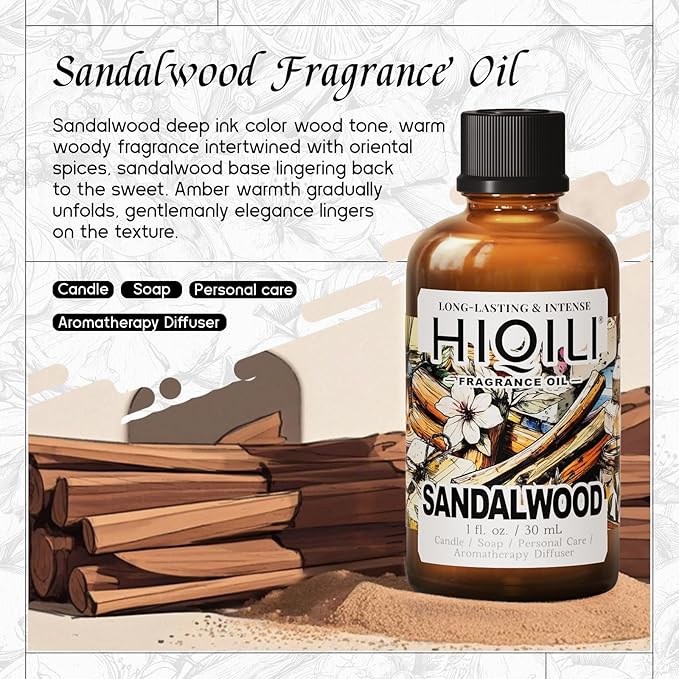 HIQILI Sandalwood Fragrance Oil for Home Diffuser, Luxury Hotel Scent, Perfect for DIY Candle & Soap Making, Add to Body Lotion - 1 Fl Oz