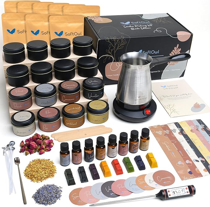 SoftOwl Premium Soy Candle Making Kit - Black Edition - Full Set with Electric Melter - Soy Wax, Big 16 Tins, 8 Pleasant Scents, 8x2 Color Dyes & More - Perfect as Home Decorations