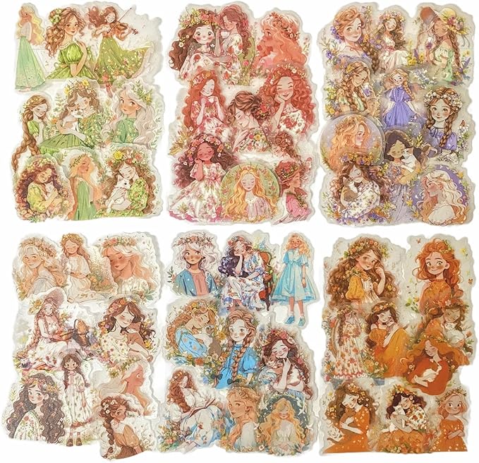TIAMECH Beautiful Manor PET Stickers - 60 Pcs Fantasy Dance Blossom & Elf Princess Design, Waterproof Sticker for Journaling & Scrapbooking, Junk Journal Supplies, Ephemera & DIY Crafts