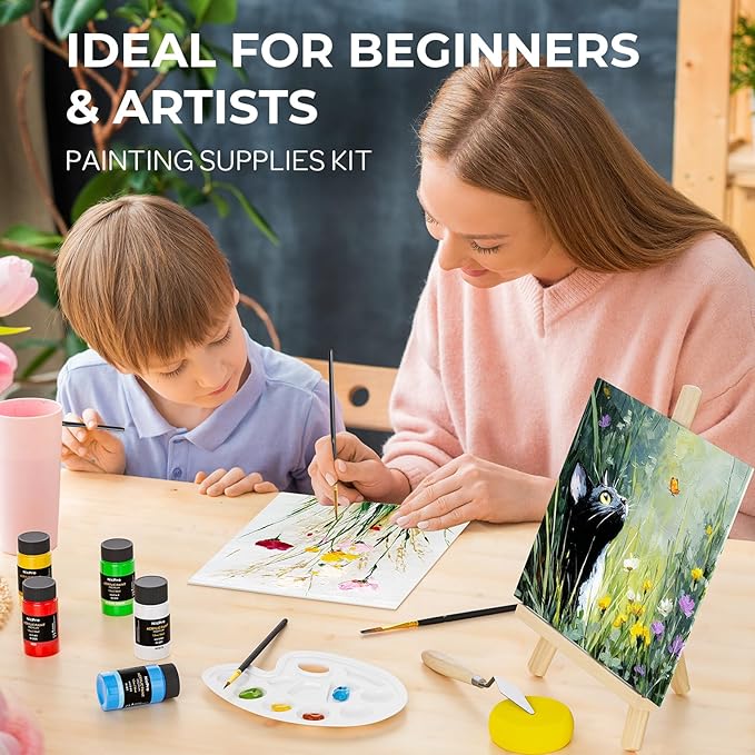 Nicpro Acrylic Paint Canvas Set for Adults, 46PCS Art Painting Supplies Kit with 24 Acrylic Paints(36ML), Table Wood Easel, 5 Canvas Panels, 12 Brushes, Paper Pad, Palette for Artist Beginner Students