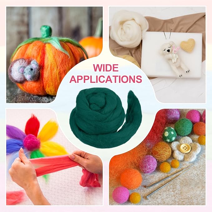 MECCANIXITY Wool Roving Yarn Soft Felting Wool 50g/1.76oz Pure Chunky Roving Yarn for Needle Felting Knitting Blanket Spinning Weaving Art DIY Craft Bright Green