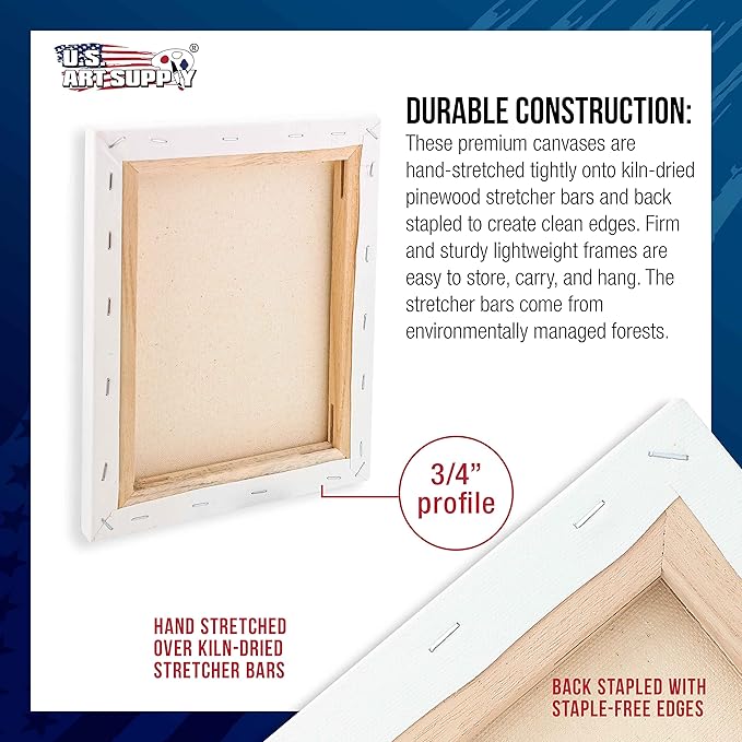 U.S. Art Supply 16 x 16 inch Stretched Canvas for Painting, 12oz Triple Primed, 6-Pack - Professional Artist Quality White Blank 3/4" Profile, 100% Cotton, Heavy-Weight Gesso - Acrylic Pouring, Oil