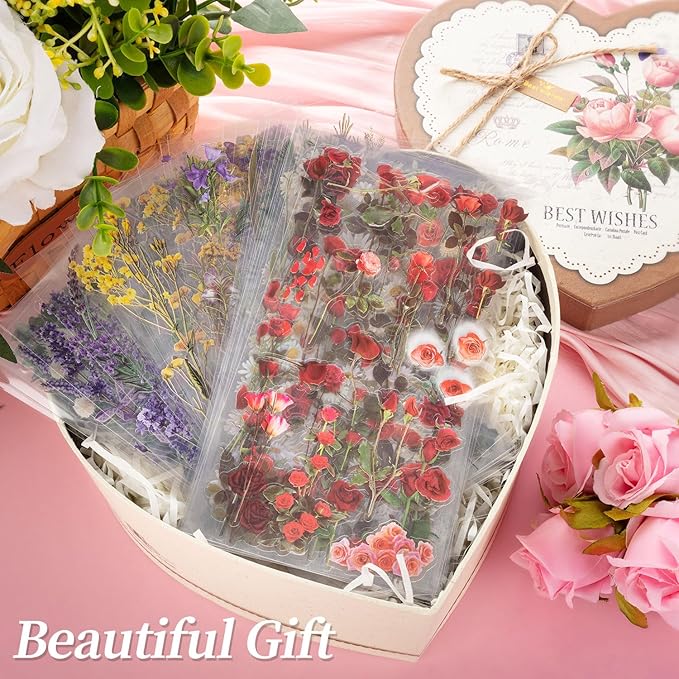 722 Pieces Pressed Flower Stickers for Crafts (Assorted 722 Pieces,48 Sheets) Flower Sticker for Crafts for Resin Dried Floral Sticker Cute Scrapbook Craft Stickers for DIY Journal Notebook