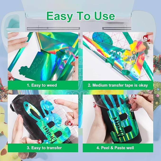 GIRAFVINYL Green Holographic Vinyl, Glossy Green Holograophic Permanent Vinyl - 12" x 6 ft for Crafts Decal Signs Stickers