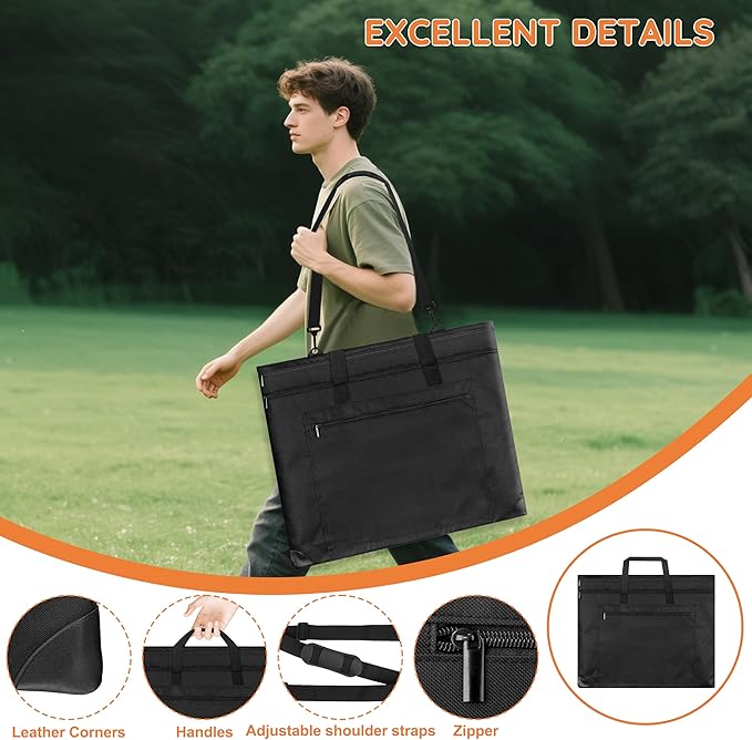 ZKOO Light Weight Art Portfolio Bag, 24x36 Artist Canvas Case with Detachable Shoulder Strap, Leather Corners, Art Portfolio Case for Artwork, Poster, Sketching, and Drawing (24" x 36" Black)