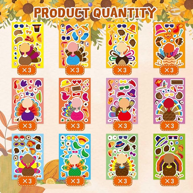 36 PCS Make a Turkey Stickers, Thanksgiving Stickers for Kids Make Your Own Turkey Sticker for Thanksgiving Party Favors Crafts School Rewards