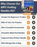 UCDRAMA 90PC Knitting Needles Set Beginners Knitting Kit with Yarn, Metal Single-pointed + Circular Knitting Needle Set US0-15 (2-10mm) with Knitting Accessories, Knitting Set for Beginner Adults/Kids