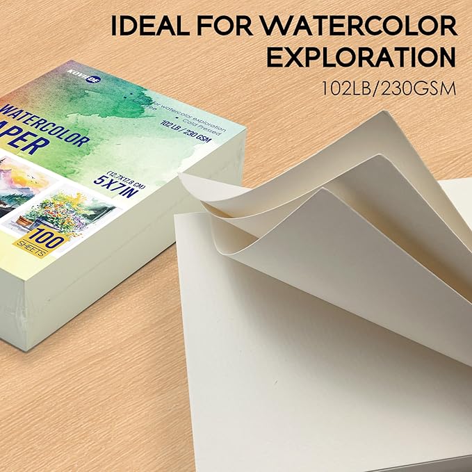 100 Sheets Watercolor Paper 5x7 Inch 102LB/230GSM Cold Press Practice Paper for Students and Beginners, Acid-Free Heavyweight Art Sheets for Painting, Printing, Scanning & Crafting