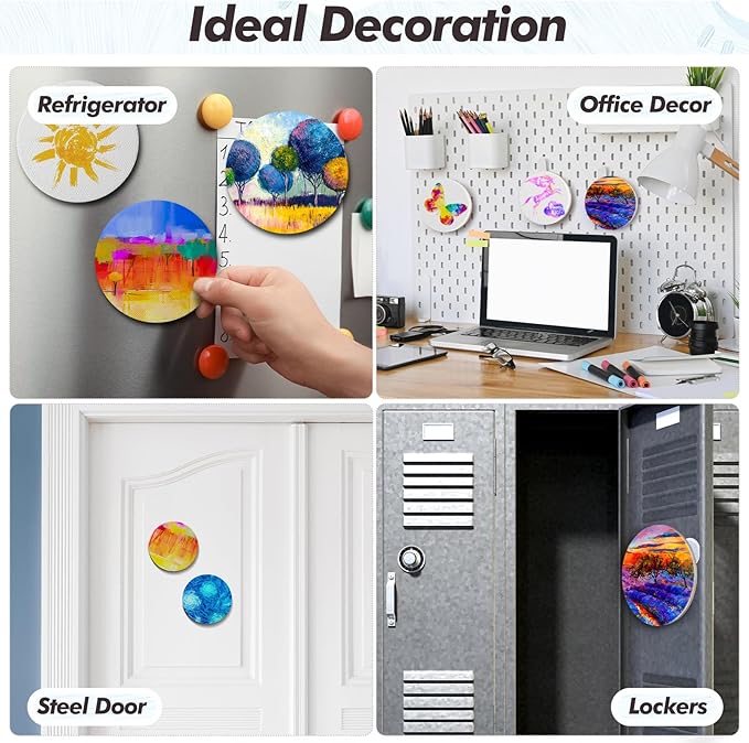 Engrowtic 50 Pcs Magnetic Painting Canvas Panel Mini Canvas Boards for Painting Mini Tile Art for Fridge Locker Art Crafts DIY(4 in,Round)