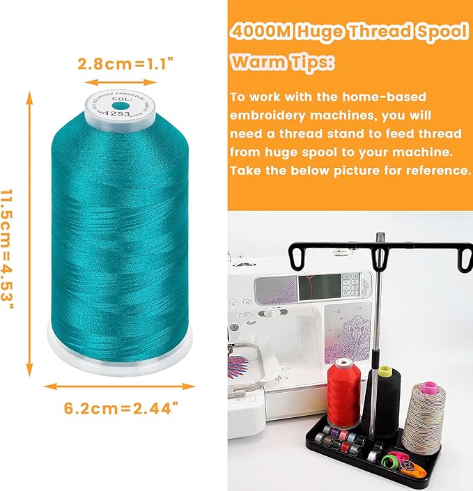 New brothread - Single Huge Spool 4000M Each Polyester Embroidery Machine Thread 40WT for Commercial and Domestic Machines - Teal