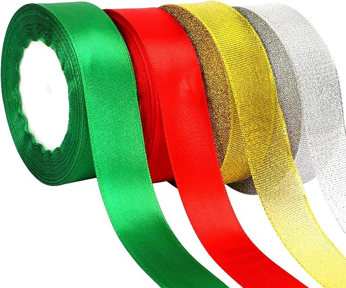 DECYOOL 4 Rolls 100 Yards Christmas Ribbons Metallic Glitter Fabric Holiday Festival Satin Ribbons 1Inch Wide for Gift Wrapping Decoration