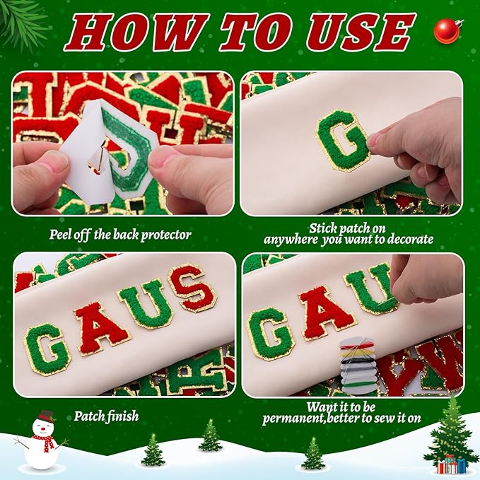 52 Pcs Red Green Christmas Patches Embroidered Chenille Letter Patches Self Adhesive for Clothing,A-Z Letter Stickers Sew on Repair Patches for Jackets Hats Backpacks