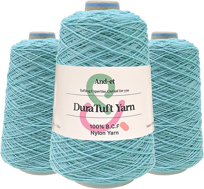 And-et DuraTuft Yarn 45 Vibrant Colors Tufting Nylon Yarn Pack - Ideal for Crochet, Craft Projects -100% B.C.F. - 3 Cones x 1.66lbs -180yards -Perfect for Rug Weaving and Knitting (31 Turquoise Blue)