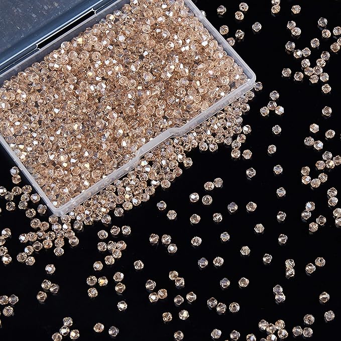 1200PCS 3mm Bicone Crystal Glass Beads for Jewelry Making, Sparkling Mini Beads for Suncatchers, DIY Bracelets & Craft Projects (Champagne Silver)