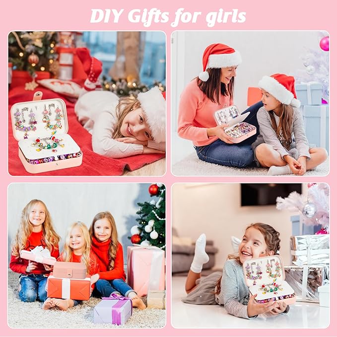 YJK Charm Bracelet Making Kit, 5-12 Year Old Girl Birthday Gifts, 133 Pcs DIY Beaded Jewelry Making Kit with Jewelry Box, Creative Crafts for Girls, Charm Necklace Making kit for Girls (Purple & Pink)