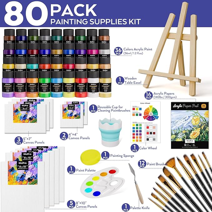 Nicpro Acrylic Paint Canvas Set for Adults, 80PCS Art Painting Supplies Kit with 36 Paints(36ML), Table Wood Easel,10 Canvas Panels,12 Paint Brushes,Paper Pad, Cup, Palette for Beginner Artist Adults