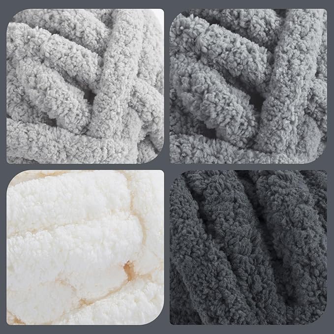 HOMBYS 8 Pack Assorted Chunky Yarn for Crocheting,Super Bulky Large Soft Fluffy Yarn,Plush Fuzzy Yarn,Thick Chenille Yarn for Hand Knitting/Arm Knitting,Cream & Grey(27yds,8 oz Each Skein)