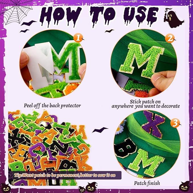 104 Pcs Halloween Patches Chenille Letter Patches Self Adhesive Halloween Stick on Patches for Clothing,A-Z Varsity Letter Stickers Embroidered Appliqué Sew on Patches for Hats Backpacks Jackets