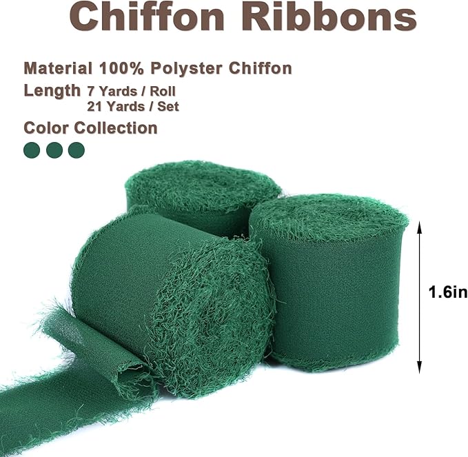 3 Rolls Bright Green Handmade Fringe Chiffon Ribbon 1.5" x 7Yd Silk-Like Colorful Rustic Ribbon for Bouquets Wrapping Decor Wedding Tie Invitations Crafts