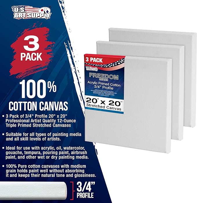 U.S. Art Supply 20 x 20 inch Stretched Canvas 12-Ounce Triple Primed, 3-Pack - Professional Artist Quality White Blank 3/4" Profile, 100% Cotton, Heavy-Weight Gesso - Acrylic Pouring, Oil Painting