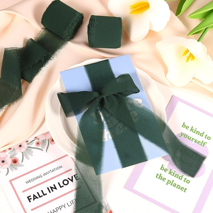 3 Rolls Dark Green Handmade Fringe Chiffon Ribbon 1.5" x 7Yd Silk-Like Colorful Rustic Ribbon for Bouquets Wrapping Decor Wedding Tie Invitations Crafts