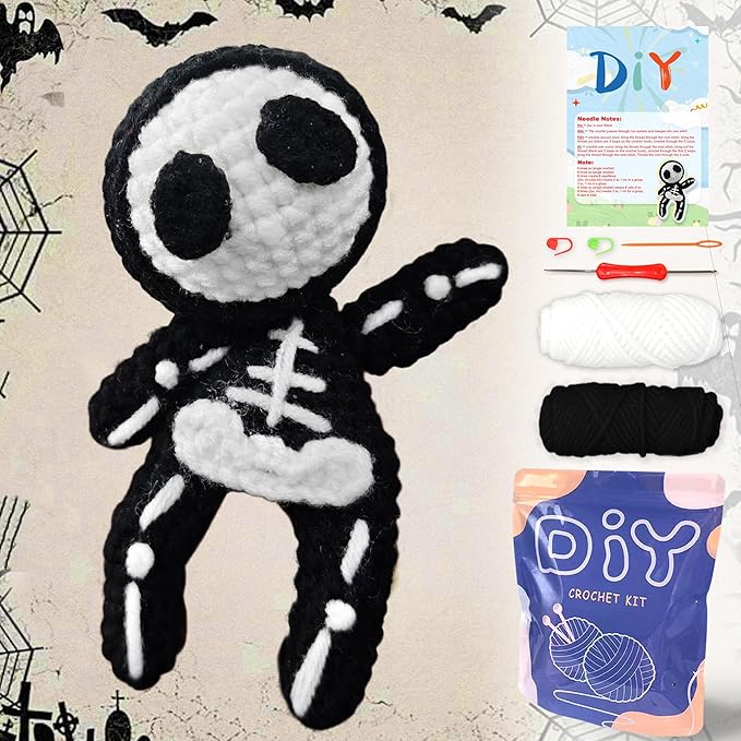 YAMAXIN Skeleton Crochet Kit for Beginners – DIY Yarn Kit with Video Tutorial, Tools & Instructions – Halloween Amigurumi Plush Craft Gift for Adults & Kids (Skeleton Doll)