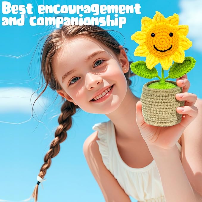 positive crochet sunflowers, crochet flowers, sunflower crochet, suitable for room office desktop decoration, emotional support sunflower, gifts for adults and kids, cute and funny crochet sunflowers