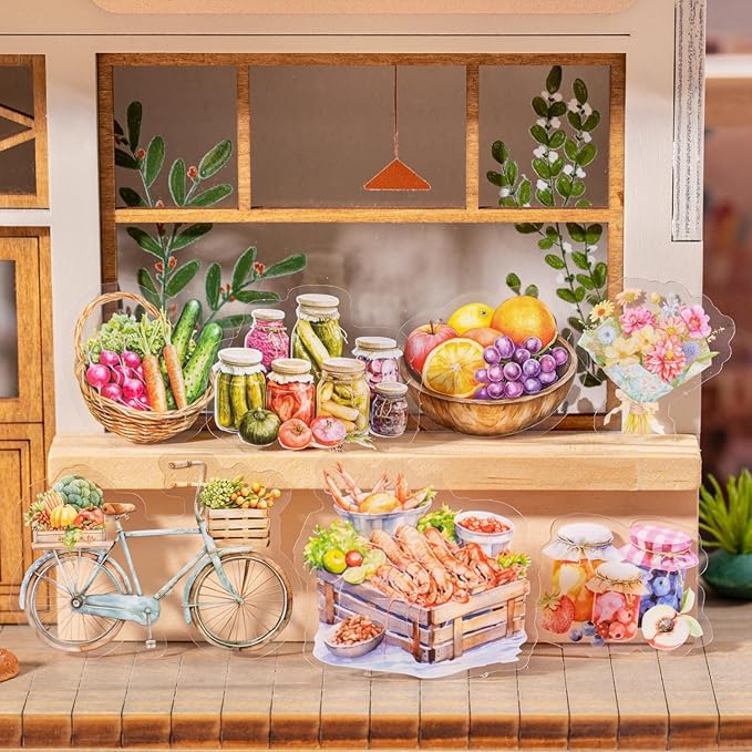 TIAMECH Bazaar PET Stickers - 80 Pcs Fruit Stand Food Street & Flower Vegetable Market Design, Waterproof Sticker for Journaling & Scrapbooking, Junk Journal Supplies, Ephemera & DIY Crafts