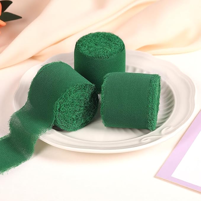 3 Rolls Bright Green Handmade Fringe Chiffon Ribbon 1.5" x 7Yd Silk-Like Colorful Rustic Ribbon for Bouquets Wrapping Decor Wedding Tie Invitations Crafts