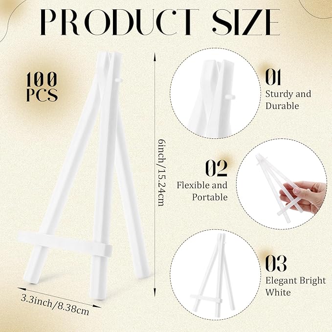 100 Pcs 6 Inch Mini Plastic Easel Stands Bulk White Art Easel Tripod Tabletop Holder for Painting Sign and Card Photo Display Canvas Craft Wedding