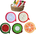 Handmade Yarn Coasters with Storage Basket – 5-Pack Soft Crochet Drink Coasters – Washable, Durable – Unique Gift for Coffee Lovers, Housewarming, Birthday (Fruit)
