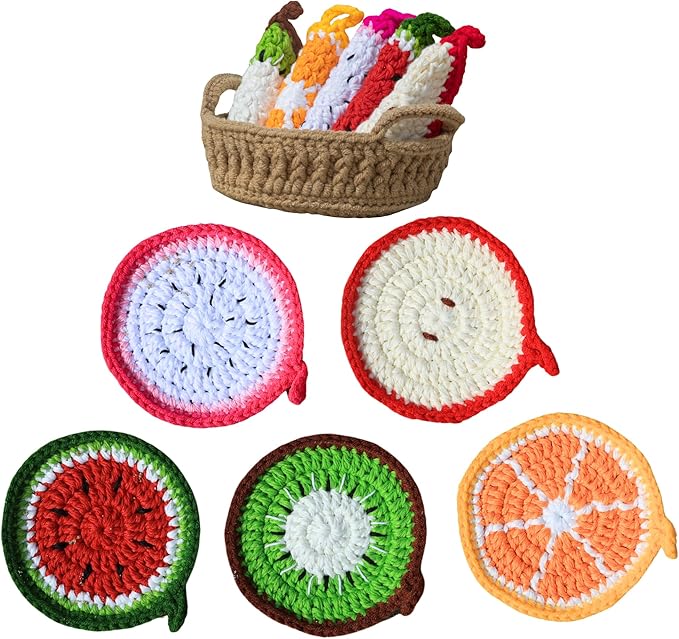 Handmade Yarn Coasters with Storage Basket – 5-Pack Soft Crochet Drink Coasters – Washable, Durable – Unique Gift for Coffee Lovers, Housewarming, Birthday (Fruit)