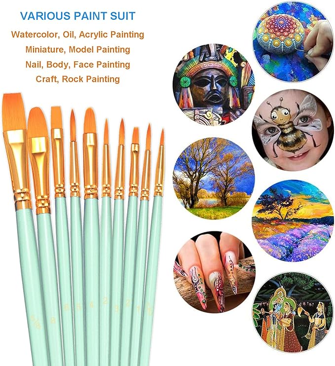 BOSOBO Paint Brushes Set, 4 Pack 40 Pcs Round Pointed Tip Paintbrushes Nylon Hair Artist Acrylic Paint Brushes for Acrylic Oil Watercolor, Face Nail Art, Miniature Detailing & Rock Painting, Green