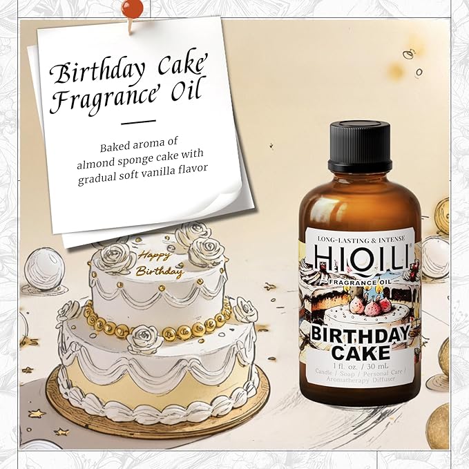 HIQILI Birthday Cake Fragrance Oil for Diffusers, Candle & Soap Making, Add to Aromatic Air Freshener Spray, Premium Grade - 1Fl Oz