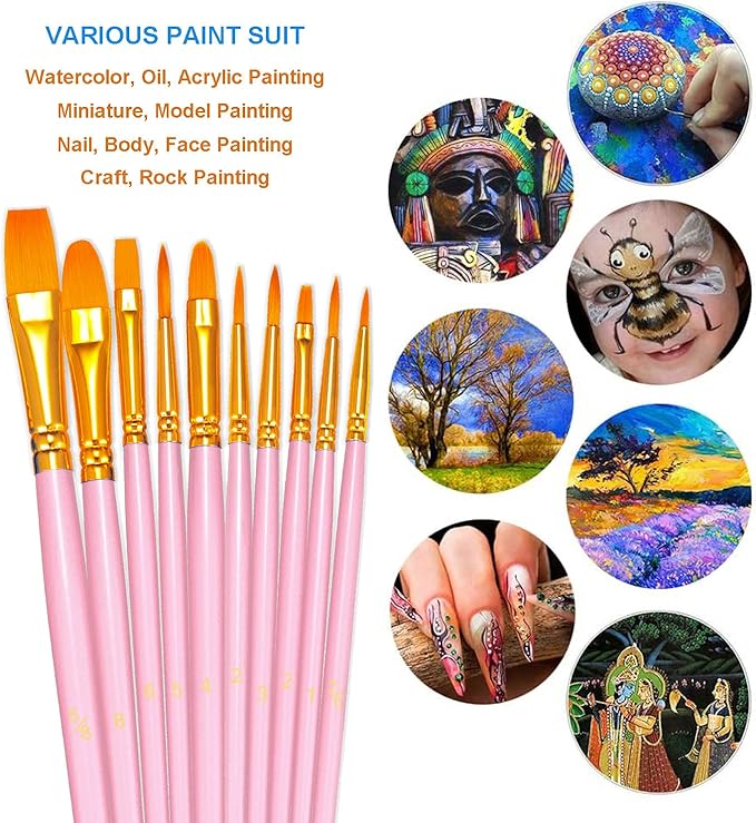 BOSOBO Paint Brushes Set, 6 Pack 60 Pcs Round Pointed Tip Paintbrushes Nylon Hair Artist Acrylic Paint Brushes for Acrylic Oil Watercolor, Face Nail Art, Miniature Detailing & Rock Painting, Pink
