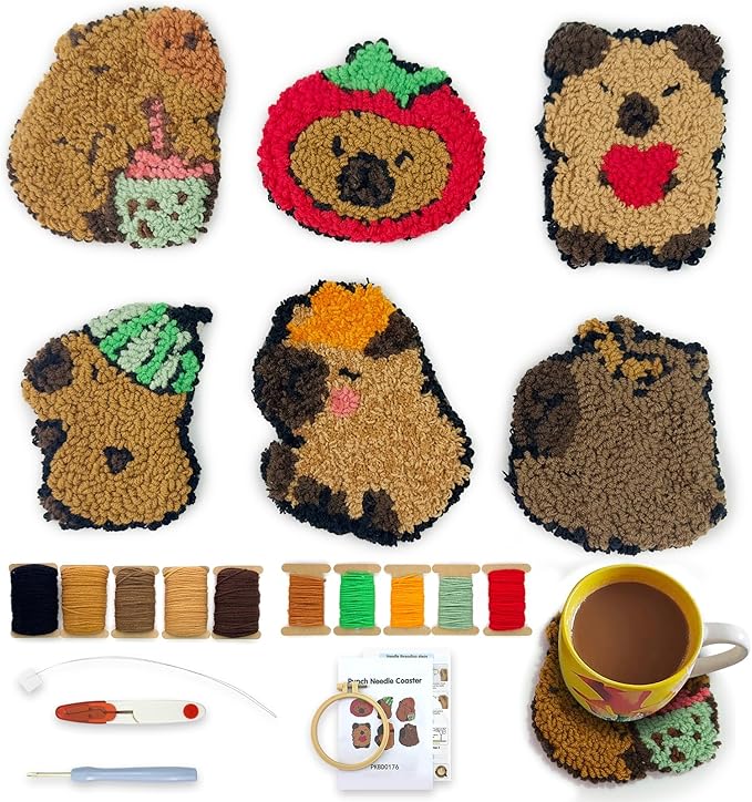 6pcs Capybara Punch Needle Coasters Kit for Beginners, Easy Art Work Embroidery Kit Latch Hook Kits for Adults, DIY Rug tufting kit with Adhesive Felt Yarns Hoop Instruction