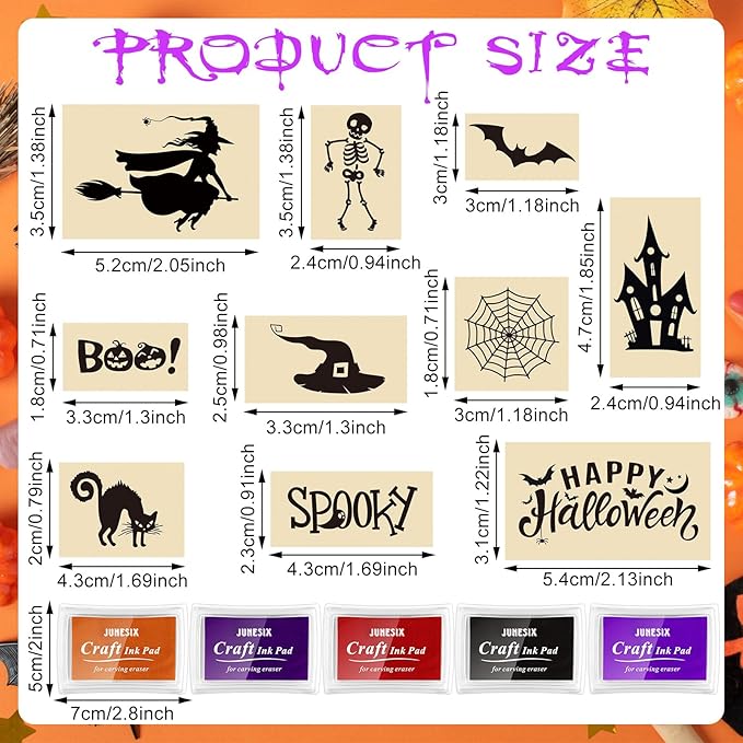 Woanger 15 Pcs Halloween Wooden Rubber Stamps and Craft Ink Pads Craft Card Pads Wooden Rubber Stamp for Scrapbooking DIY Kids Stamps Paper Wood Fabric Halloween Holiday