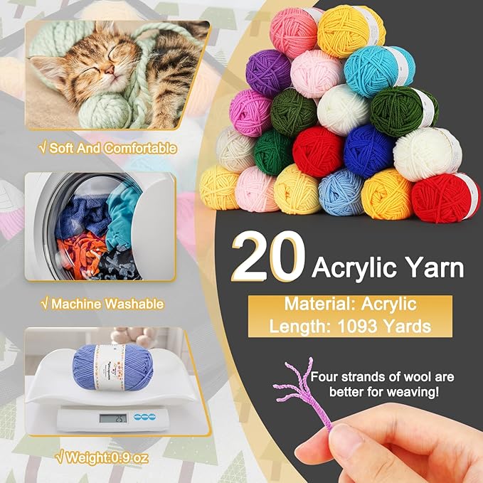 Aeelike 20pcs Acrylic Yarn for Crocheting, Crotcheting Set for Beginners, Crochet Kit with Everything Include 1093 Yards Yarn, Aluminum Crochet Hooks,Step-by-Step Instruction and Black Organiser Bag