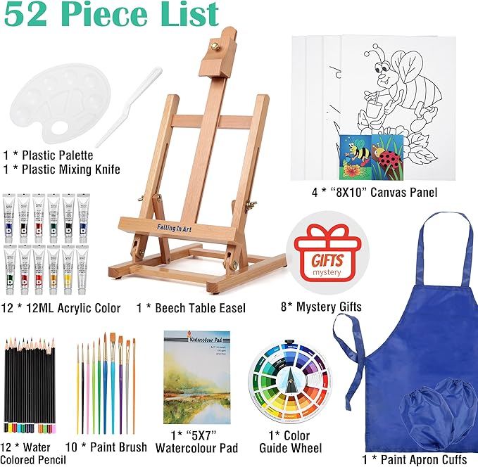 Falling in Art Painting Set for Kids with Table Easel-Acrylic Painting Starter Kit with Art Smock, 12 Acrylic Paints, 12 Water Soluble Colored Pencils, Paint Brushes, Canvas Panels and Watercolor Pad
