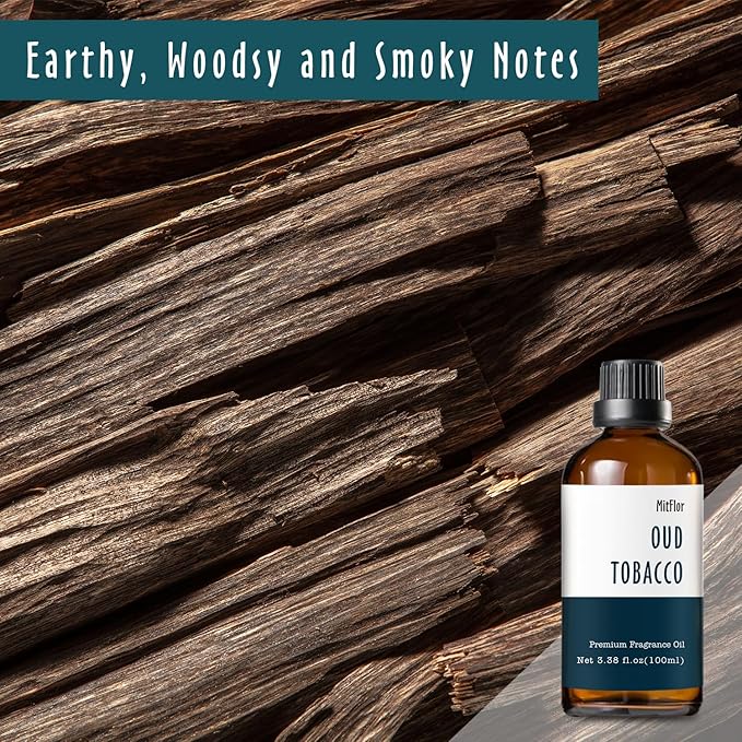 Oud Tobacco Fragrance Oil, MitFlor Single Scented Oil, Large Size Premium Grade Fragrance Oil for Soap & Candle Making, Aromatherapy Oil, Men & Woody Scent for Home Fragrance - 3.38 OZ/100ML